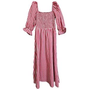 Smocked Open Back Gingham Dress in Red Wine